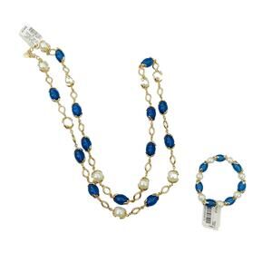 Charter Club Blue Gold Faux Pearl Dragonfly Long Necklace Stretch Bracelet Set